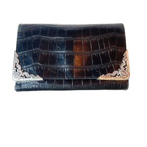 Vintage Brighton Black Croc Leather Trifold Clutch / Wallet